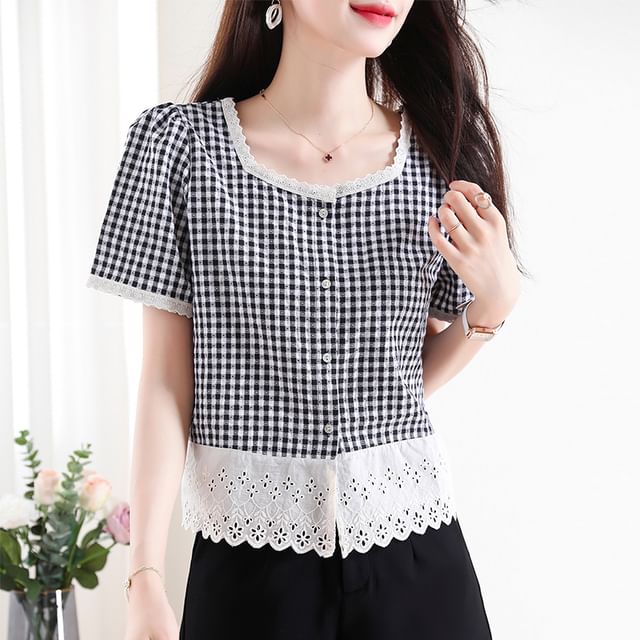 Gingham Square-Neck Lace-Trimmed Buttoned Mini Blouse