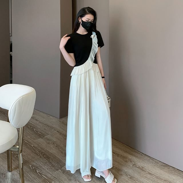 Ruffle-Trimmed Crew Neck Top with Wide-Leg Pants Set