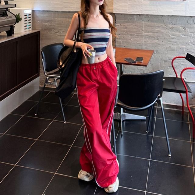 Striped Crop Tube Top / Drawstring Waist Baggy Cargo Pants