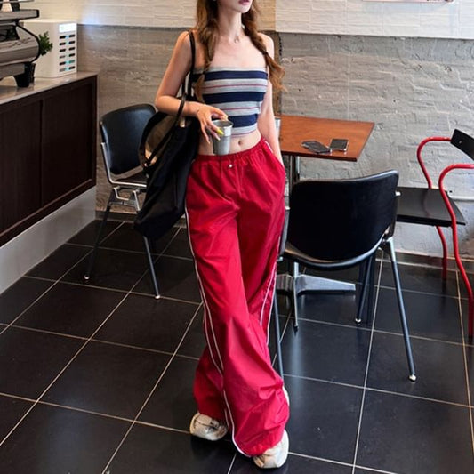 Striped Crop Tube Top / Drawstring Waist Baggy Cargo Pants