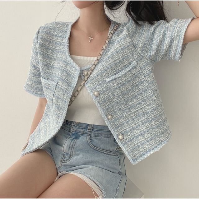 Short Sleeve Round Neck Tweed Faux Pearl Button Jacket