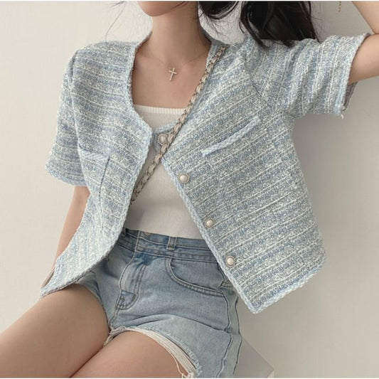 Short Sleeve Round Neck Tweed Faux Pearl Button Jacket