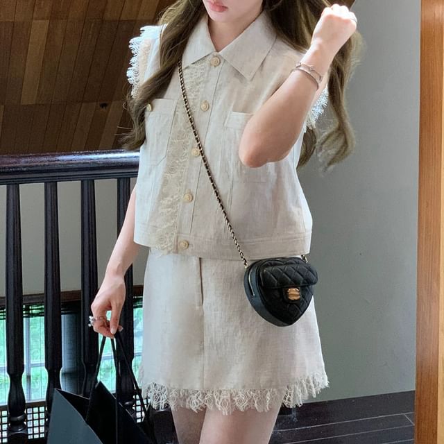 Lace-Trimmed Pocket Sleeveless Shirt & Mini A-Line Skirt Set