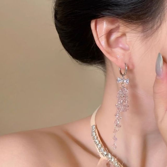 Fringed Rhinestone Earring Drop Bow Huggie