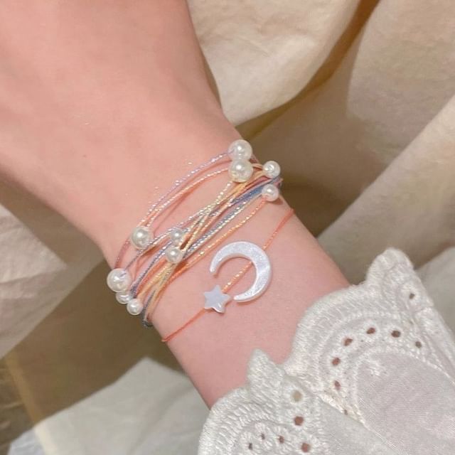 Faux String Bracelet Pearl Moon Layered