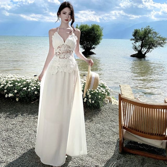 Lace Panel Maxi Dress with Frill Trim and Open Back - NoBrand