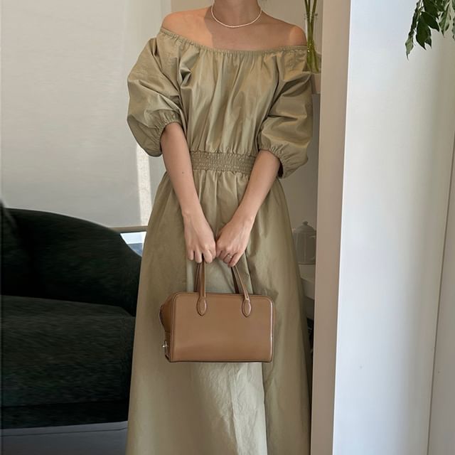Maxi A-Line Dress with Puff Sleeves and Round Neck - NoBrand