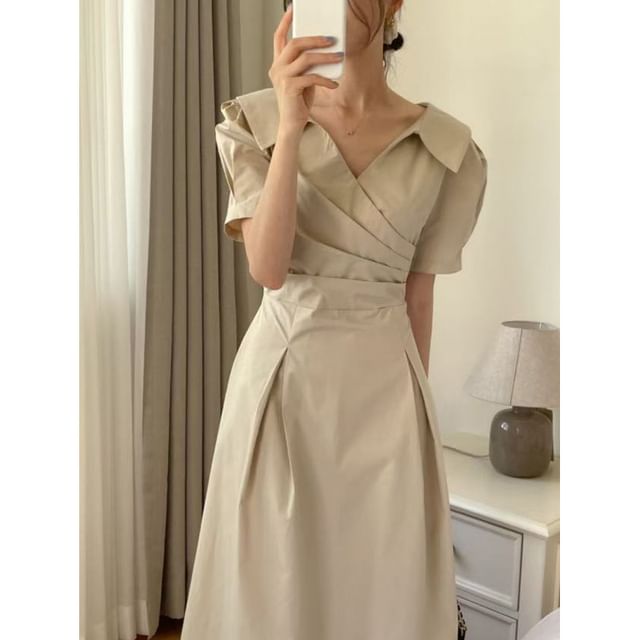 Ruched Wrap Maxi Dress with Short Sleeves and Collar - NoBrand