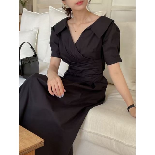 Ruched Wrap Maxi Dress with Short Sleeves and Collar - NoBrand