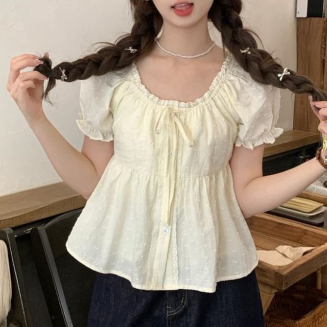 Lace-Trimmed Tie-Front Buttoned Puff-Sleeved Scoopneck Crop Blouse