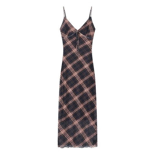 Print Maxi Plaid Dress Sleeveless V-Neck