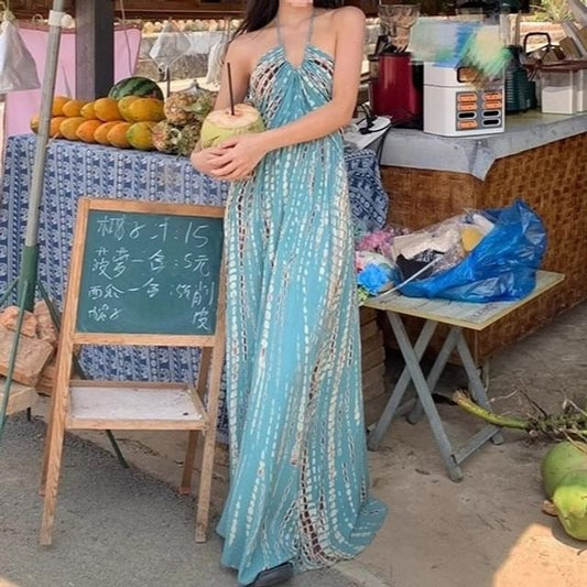 Maxi Neck Sleeveless Halter Dress Printed