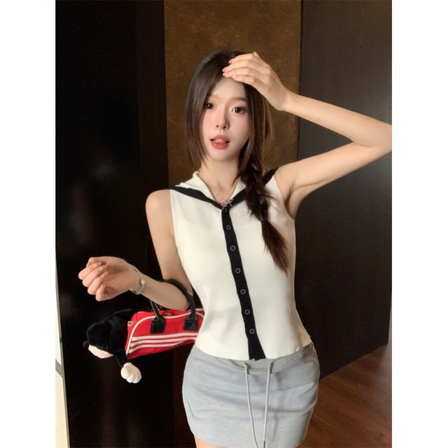 Knit Sleeveless Top Sailor Collar Button-Up