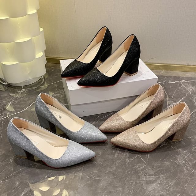 Glitter Block Heel Pumps Toe Pointed