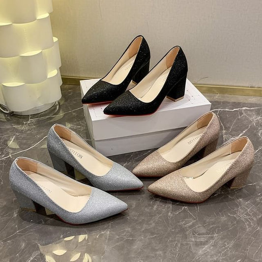 Glitter Block Heel Pumps Toe Pointed