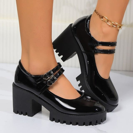 Platform Leather Mary Patent Jane Pumps Heel Block