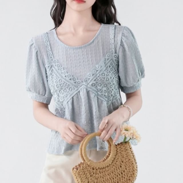 Lace-Paneled Roundneck Elbow-Sleeved Mock Two-Piece Crop Blouse