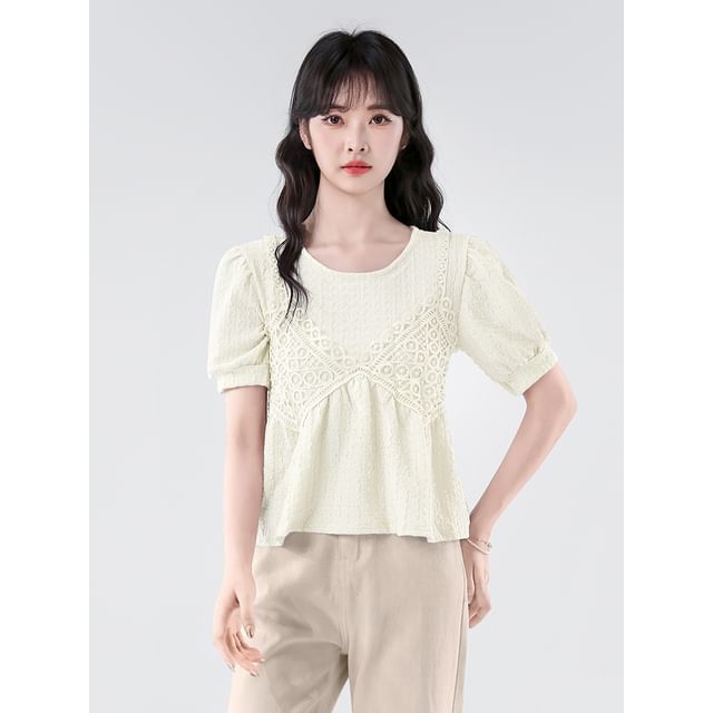 Lace-Paneled Roundneck Elbow-Sleeved Mock Two-Piece Crop Blouse