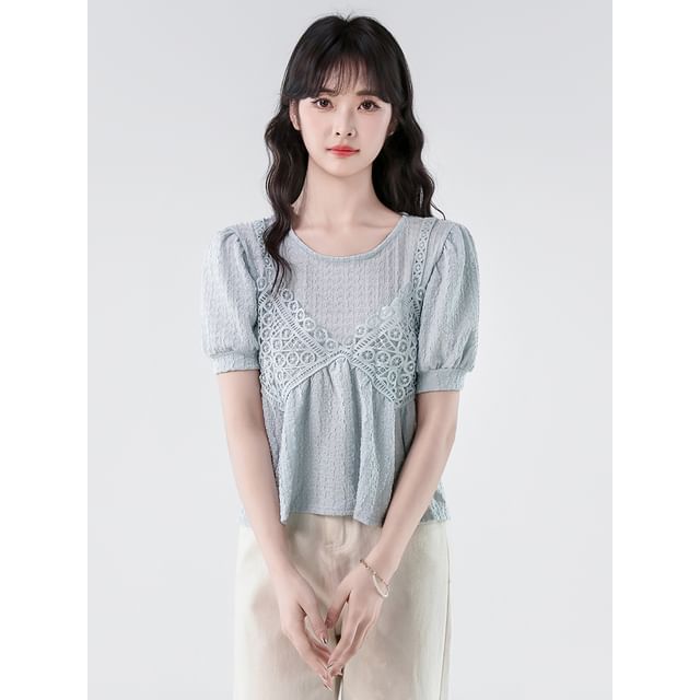 Lace-Paneled Roundneck Elbow-Sleeved Mock Two-Piece Crop Blouse