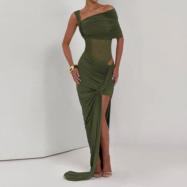 Set: Plain Ruched One-Shoulder Short-Sleeved Bodysuit + Asymmetric Mid-Waist Pencil Skirt