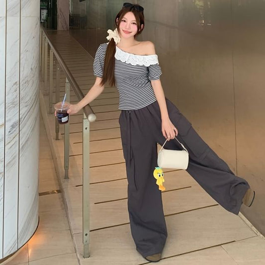 Short-Sleeve Off-Shoulder Striped Eyelet Lace Trim Crop Top / High Rise Plain Baggy Cargo Pants