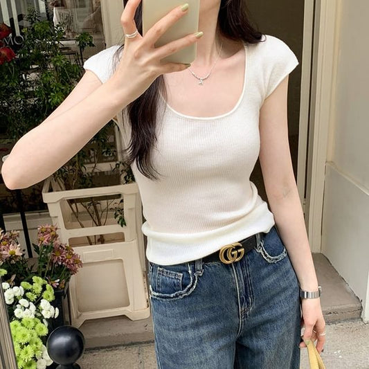 Top Cap-Sleeve Knit Plain Neck Scoop