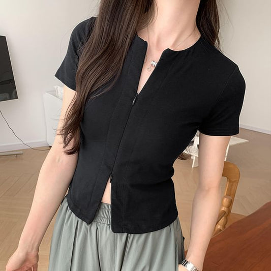 Top Knit Zip-Up Short-Sleeve Plain