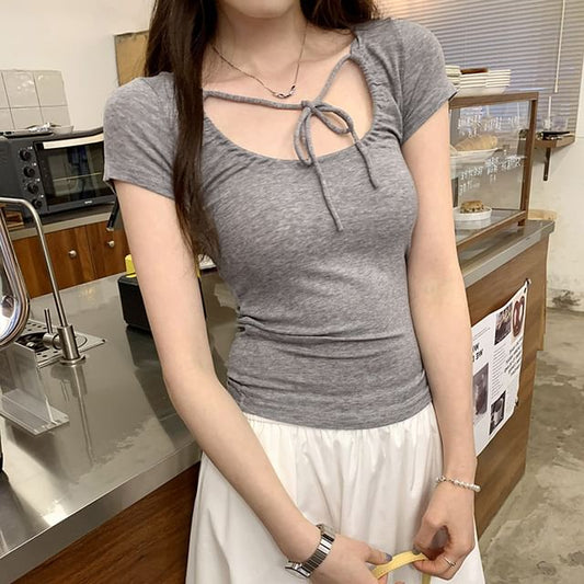 Top Plain Short-Sleeve Crop U-Neck