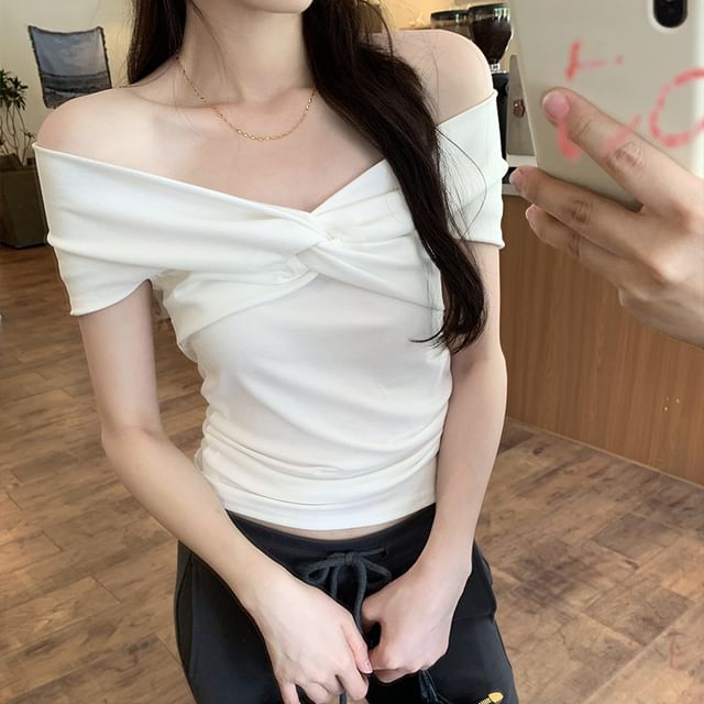 Top Plain Shoulder Off Short-Sleeve Twisted
