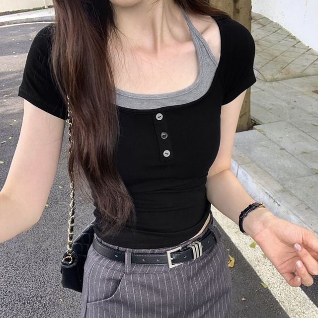 Tone Top Mock Two-Piece Two Short-Sleeve