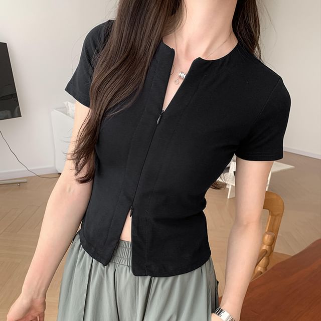 Top Knit Zip-Up Short-Sleeve Plain