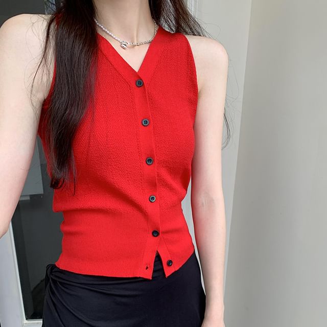 Sleeveless Top Button-Up Plain V-Neck