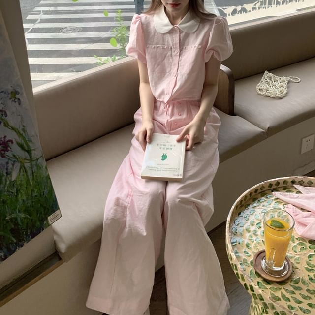 Beaded Contrast-Collar Drawstring Puff-Sleeved Crop Blouse / Lace Paneled High-Rise Wide-Leg Pants