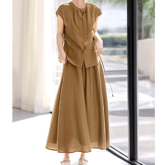 Set: Plain Button-Up Stand-Collar Cap-Sleeved Blouse + High-Waisted Midi A-Line Skirt
