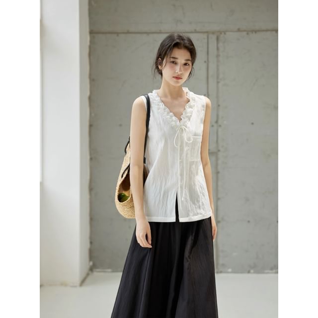 Plain Button-Up Frill-Trim V-Neck Sleeveless Blouse