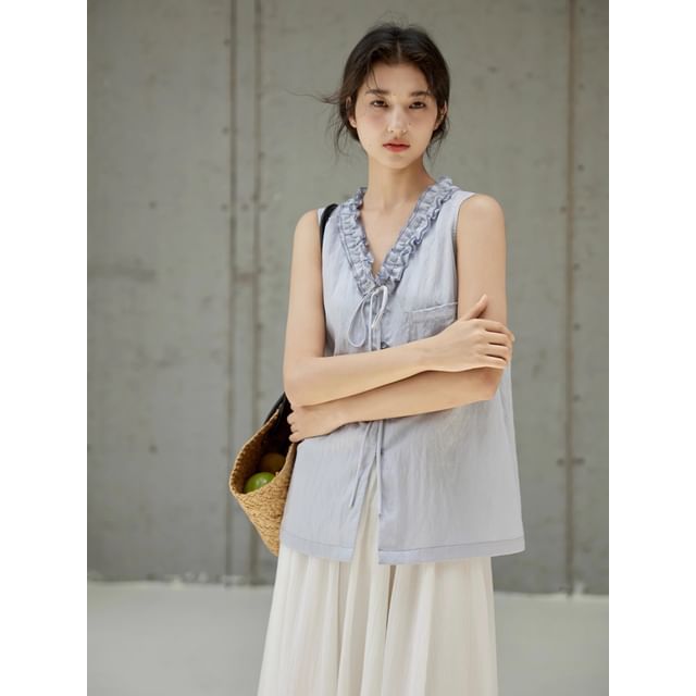 Plain Button-Up Frill-Trim V-Neck Sleeveless Blouse