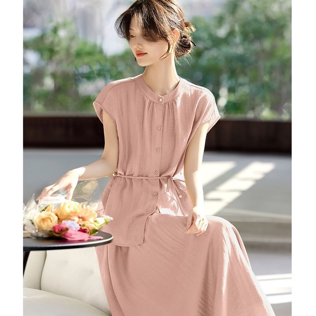 Set: Plain Button-Up Stand-Collar Cap-Sleeved Blouse + High-Waisted Midi A-Line Skirt