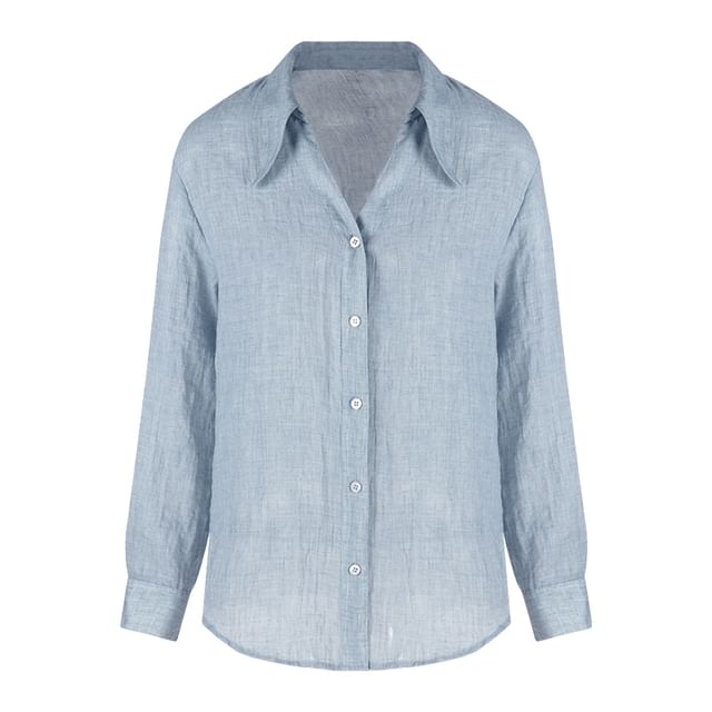 Plain Collared Button-Up V-Neck Long-Sleeved Blouse / High-Waisted A-Line Skirt (Various Designs)