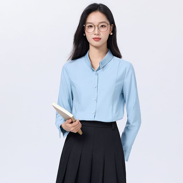 Plain Band-Collar Long-Sleeved Shirt