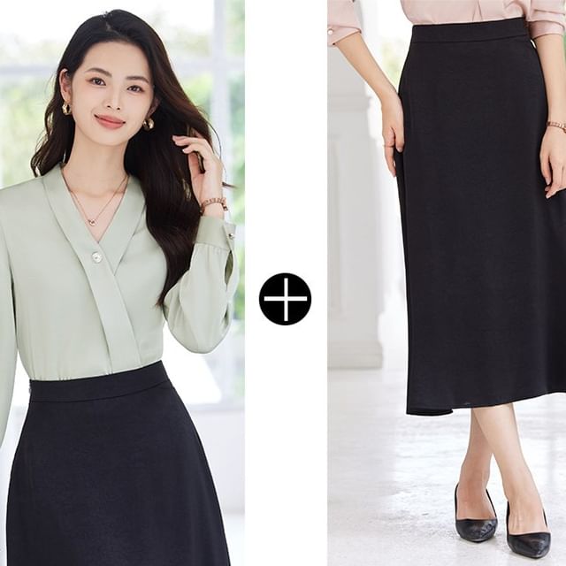 Set: Plain V-Neck Long-Sleeved Blouse + High-Waisted Midi Straight Skirt