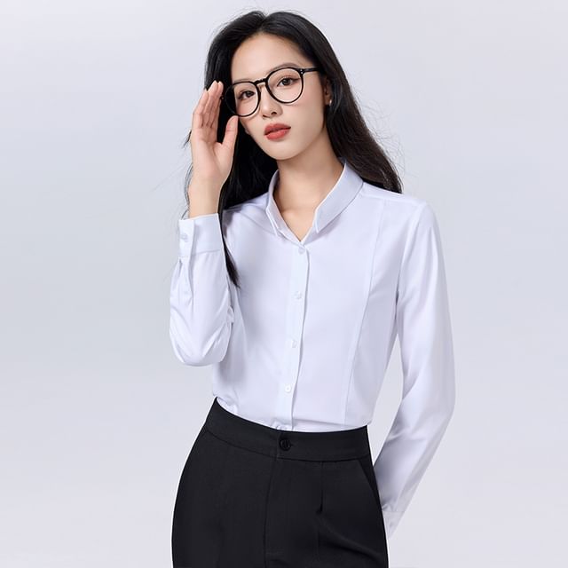 Plain Band-Collar Long-Sleeved Shirt