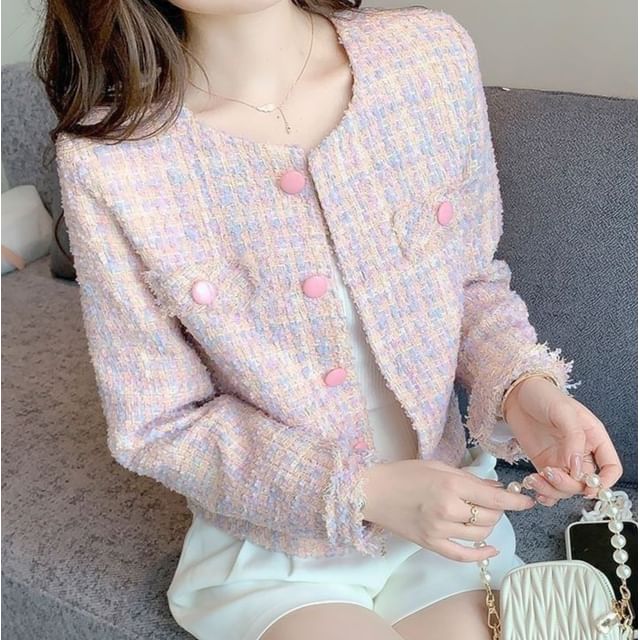 Round Neck Fringed Tweed Button Jacket