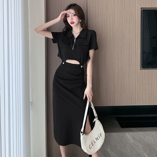 Set: Plain Half-Zip Short-Sleeved Cropped Polo + High-Waisted Slit Midi Pencil Skirt