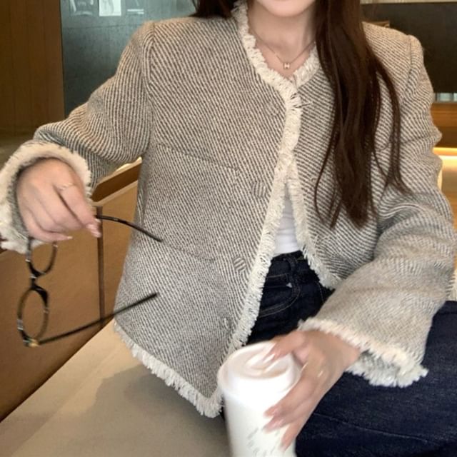 Striped Fringed Tweed Button Jacket