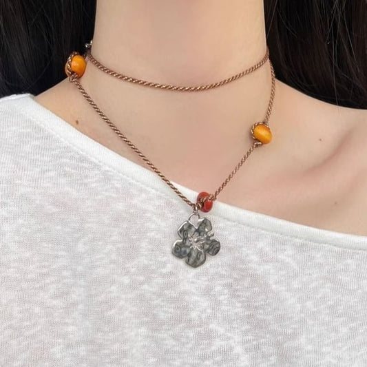 Necklace Pendant Floral Gemstone Faux Cord