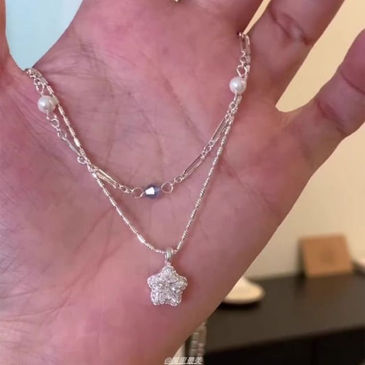 Star Layered Crystal Pendant Alloy Choker Faux