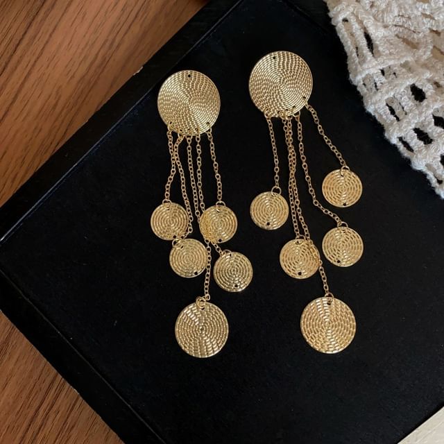 Disc Chandelier Fringed Alloy Textured Earring