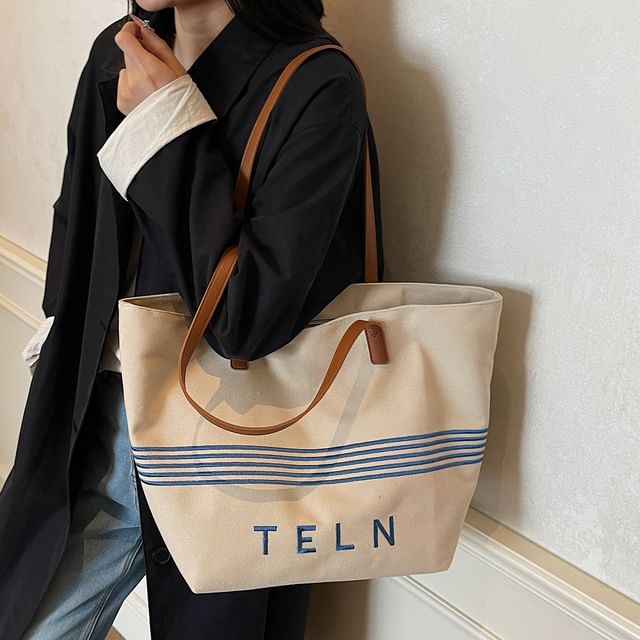 Striped Canvas Embroidered Tote Lettering Bag