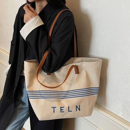 Striped Canvas Embroidered Tote Lettering Bag