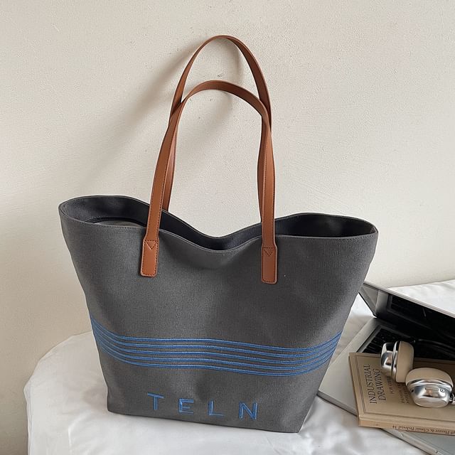 Striped Canvas Embroidered Tote Lettering Bag